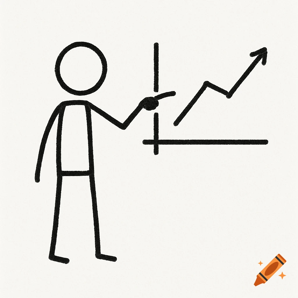 A minimalist hand-drawn stick figure points at an upward-trending line chart.