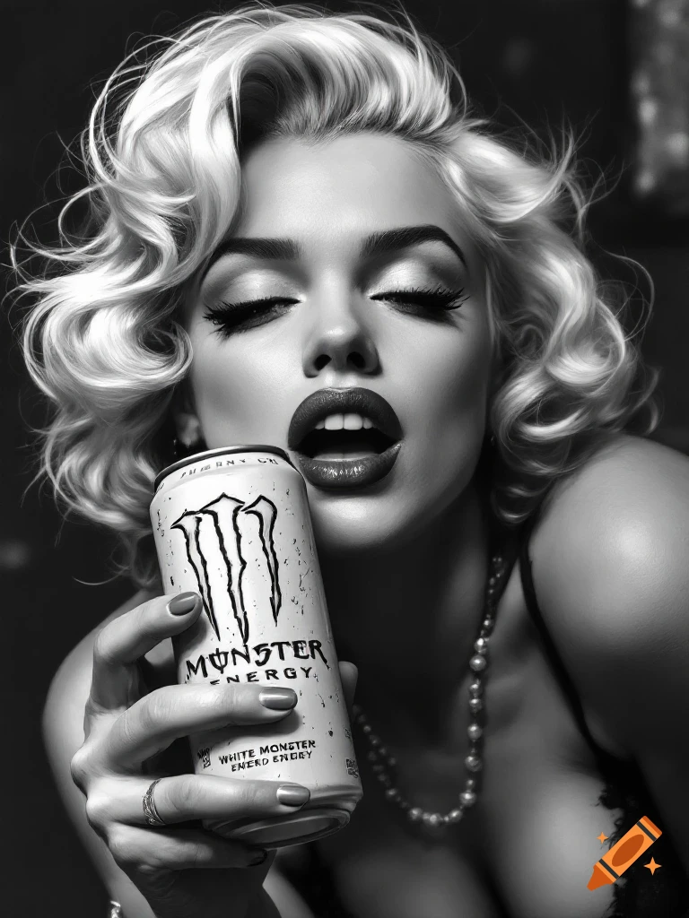 A glamorous black and white portrait of a woman resembling Marilyn Monroe holding a Monster Energy drink can to her lips.
