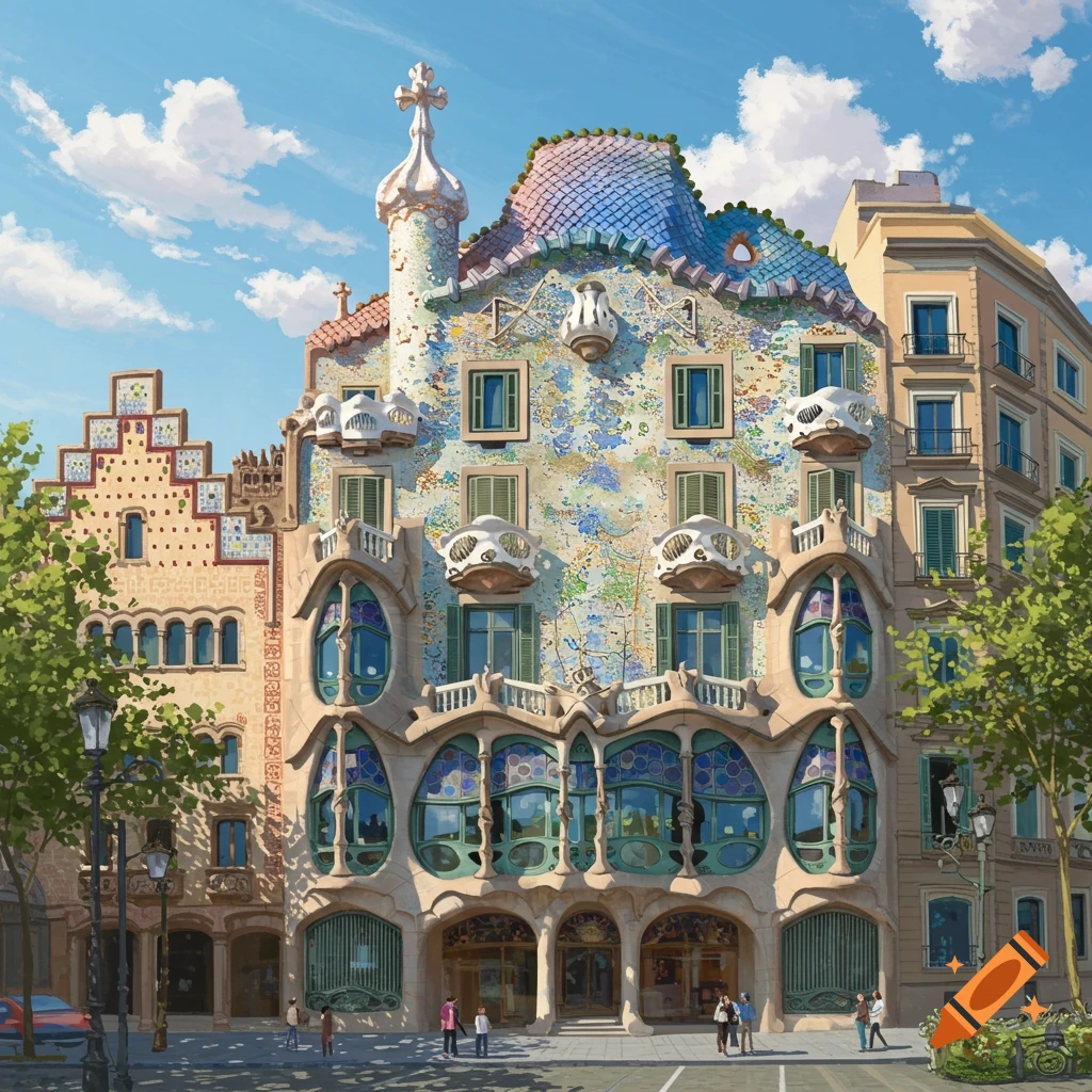 A vibrant, ornate building with a wavy facade, colorful mosaic roof, and intricate balconies, set against a blue sky with clouds. This is Gaudi's Casa Batlló.