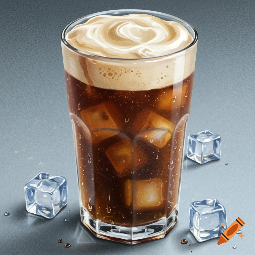 A tall glass of iced coffee with creamy cold foam on top, surrounded by clear ice cubes on a grey surface.