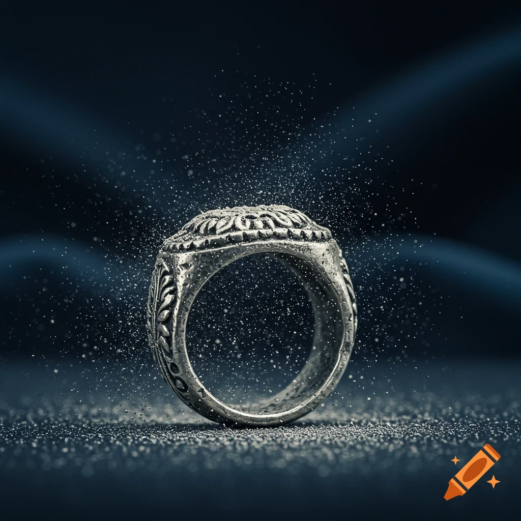 A detailed silver ring with intricate designs, covered in fine dust particles, against a dark, blurry background.