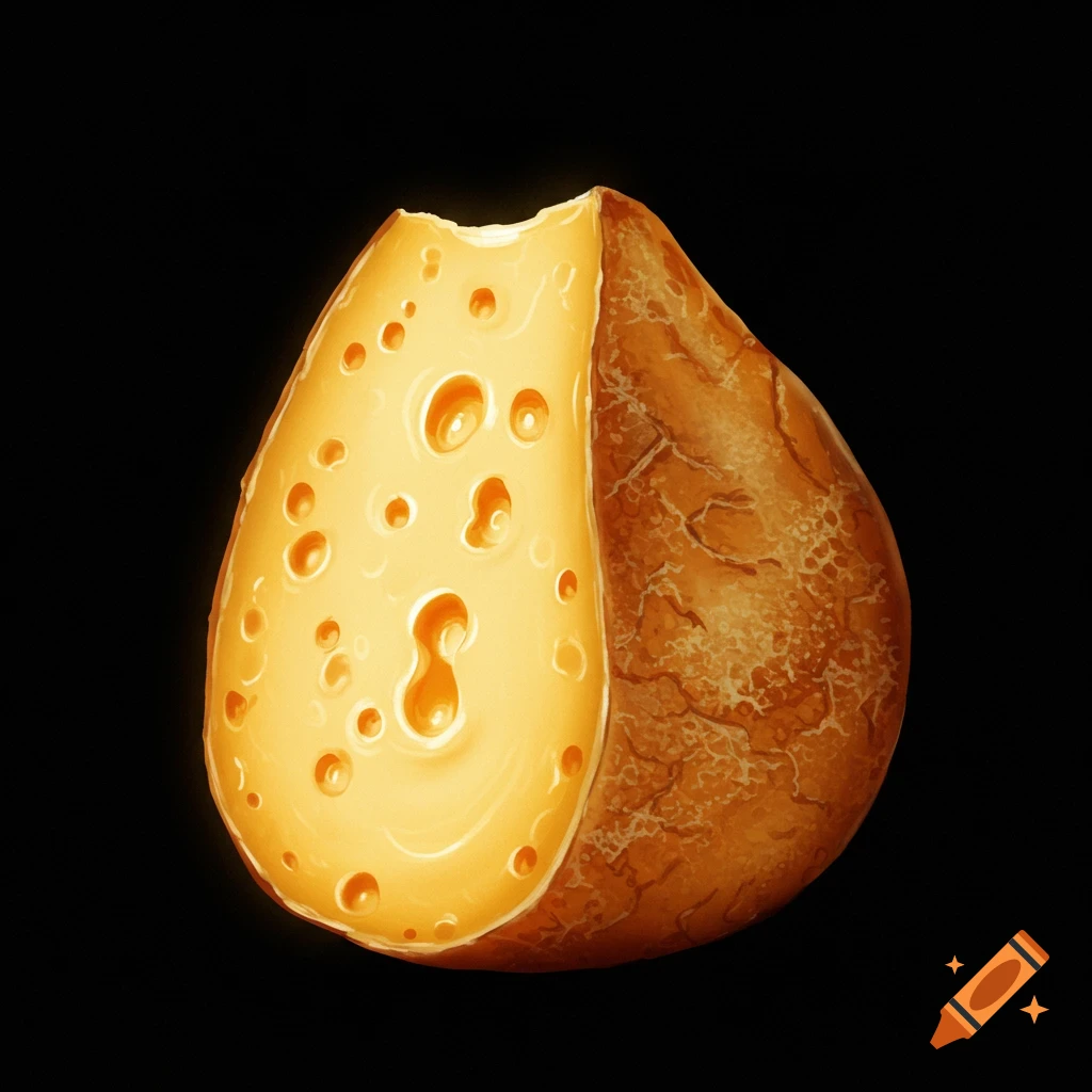 An illustration of a stylized block of cheese with a rough rind on one side and a smooth, holey interior on the other, against a black background.