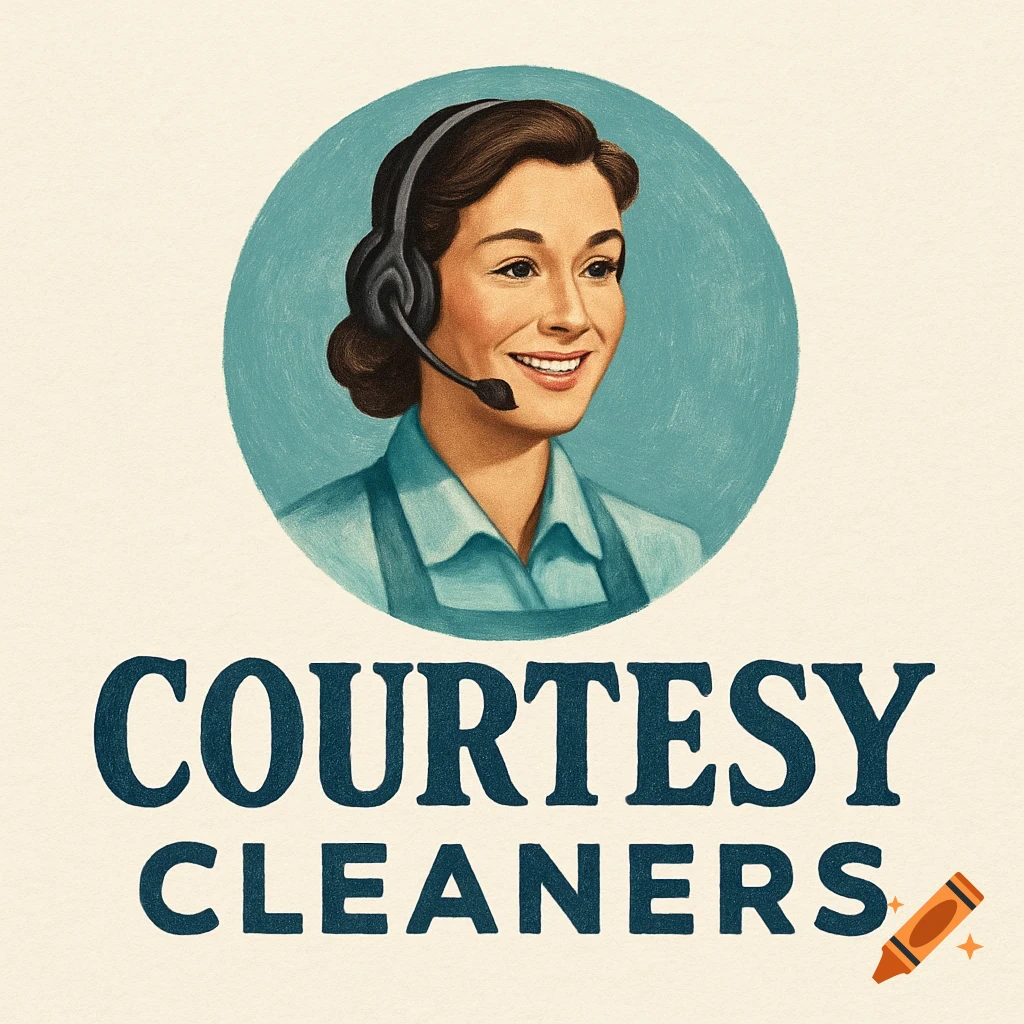 A vintage illustration style logo for Courtesy Cleaners featuring a smiling woman with a headset in a blue circle.