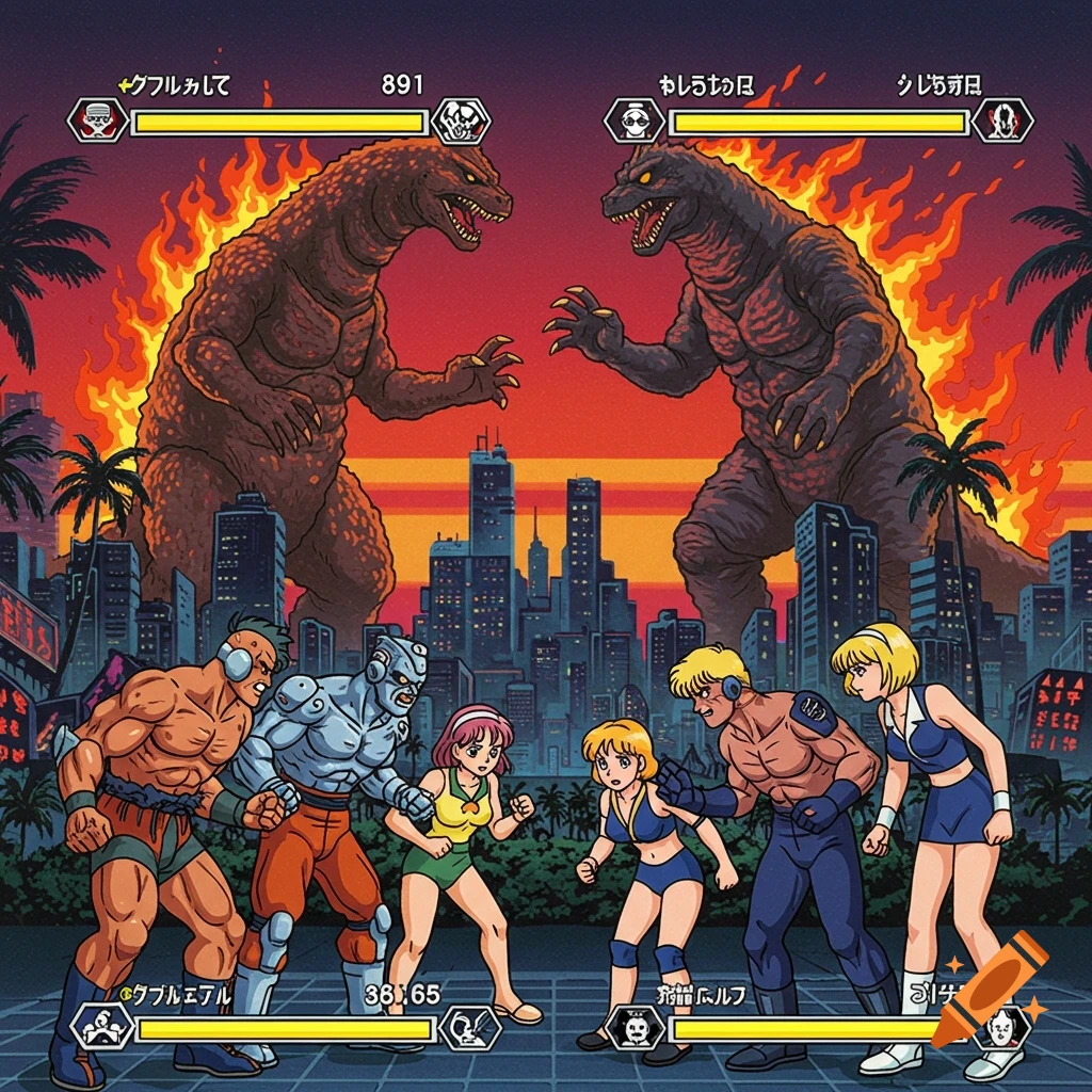 Retro anime fighting game screenshot with two kaiju above a city and cyborg wrestlers below, featuring game UI elements.