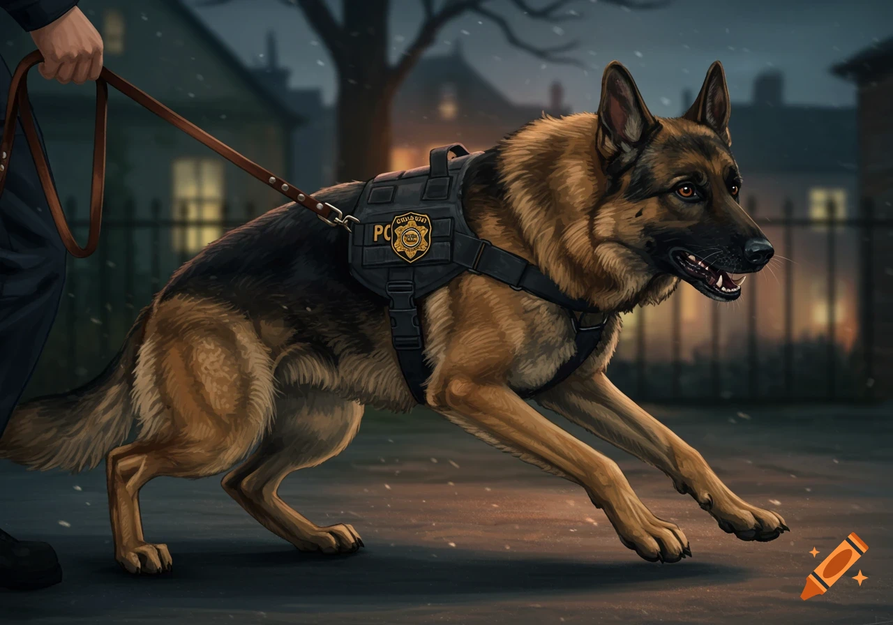 A German Shepherd police K-9 on a leash, wearing a tactical vest, running forward on a street at night.