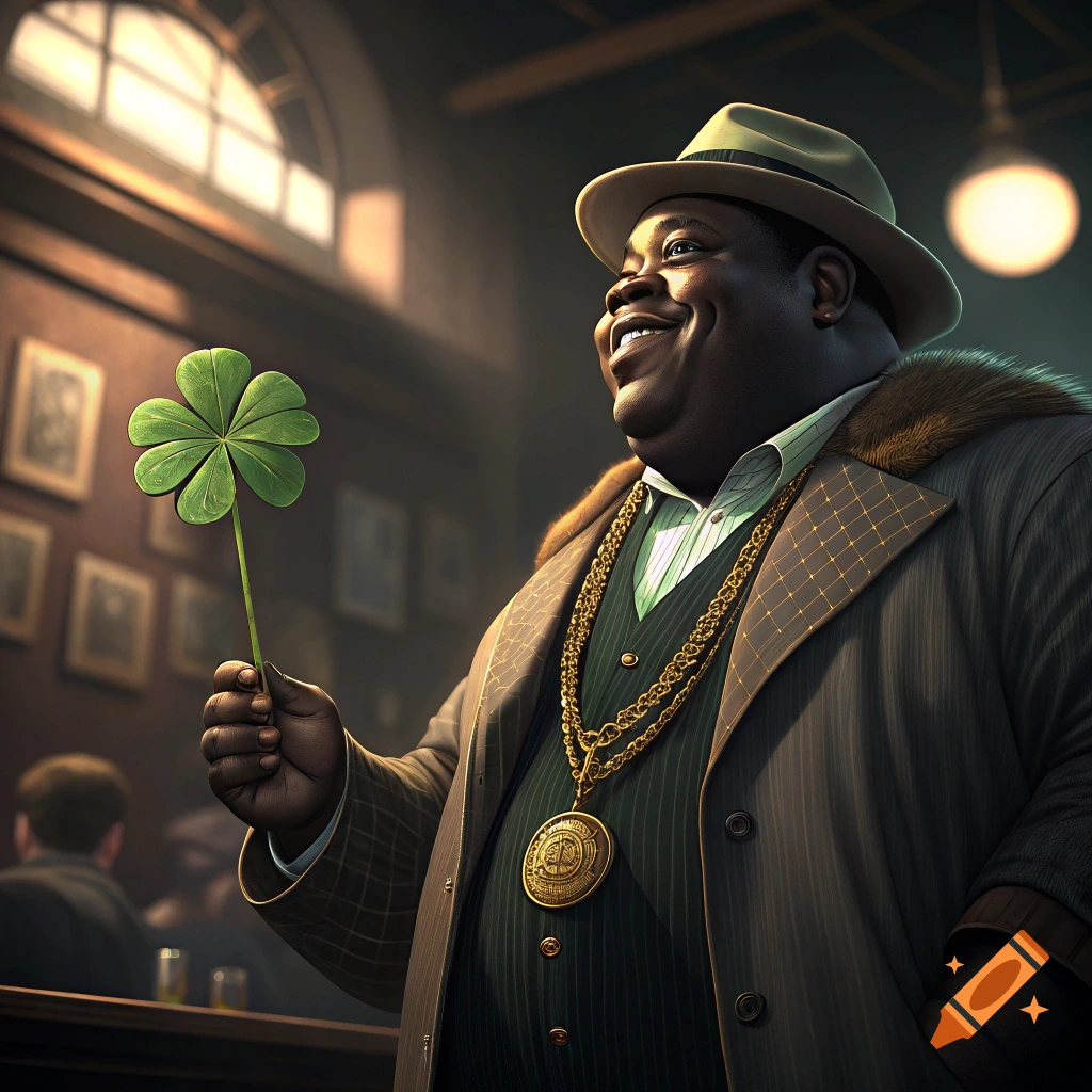 A smiling man in a suit and fedora holding a large four-leaf clover in a dimly lit bar.