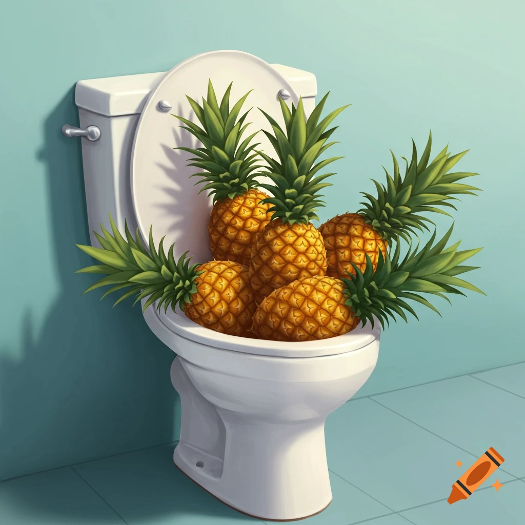 Several pineapples are overflowing from a white toilet bowl in a light blue bathroom, illuminated by a strong light source.
