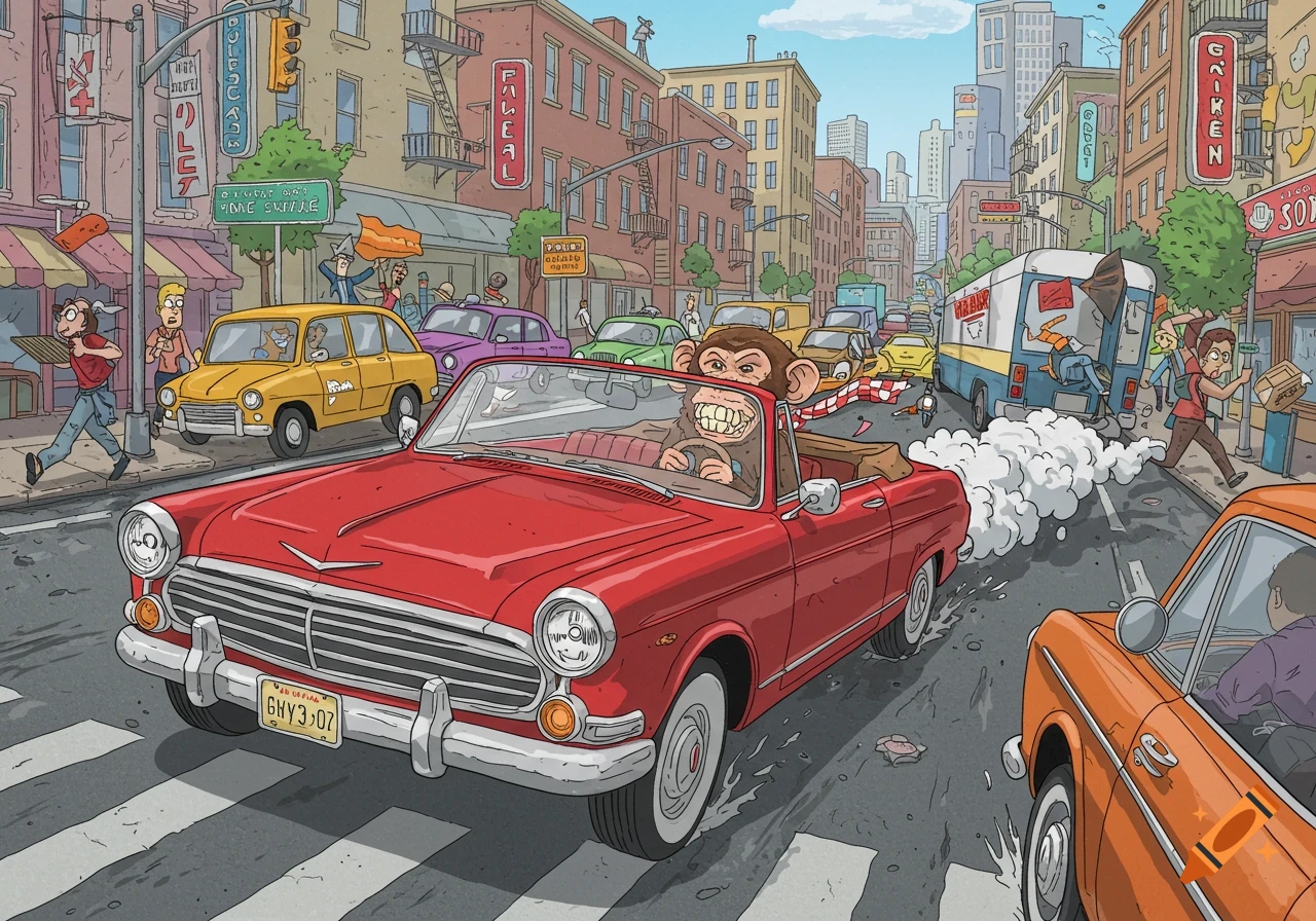 A cartoon monkey with a wide grin is recklessly driving a red convertible car on a busy city street, creating smoke. Other cars and pedestrians are in the background.