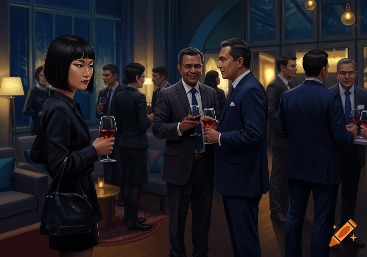 Professionals networking at an evening drinks reception, holding wine glasses.