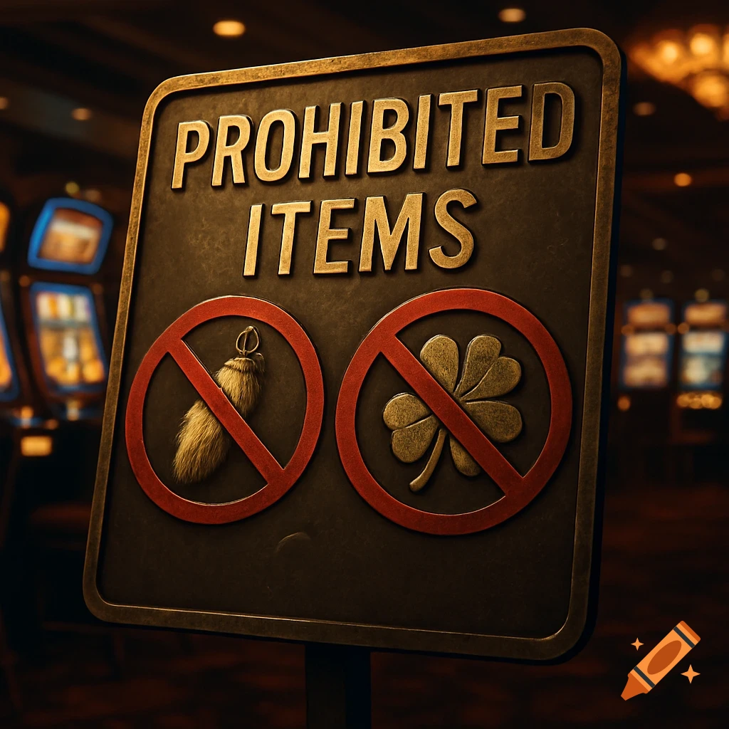 A close-up of a 'Prohibited Items' sign in a casino, with crossed-out symbols for a rabbit's foot and a four-leaf clover.