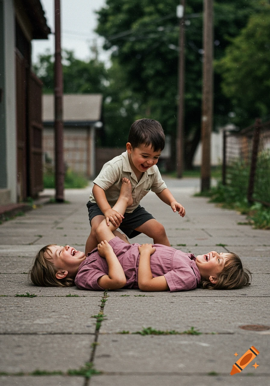 A boy stands over a girl lying on a sidewalk, holding her leg as both children laugh in a candid, photorealistic scene.