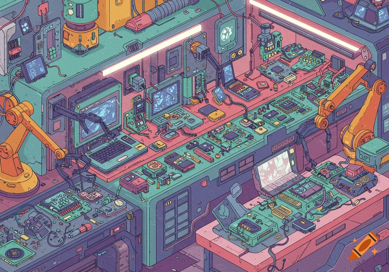Detailed isometric illustration of a futuristic technology workshop with robotic arms, computers, and electronic components.