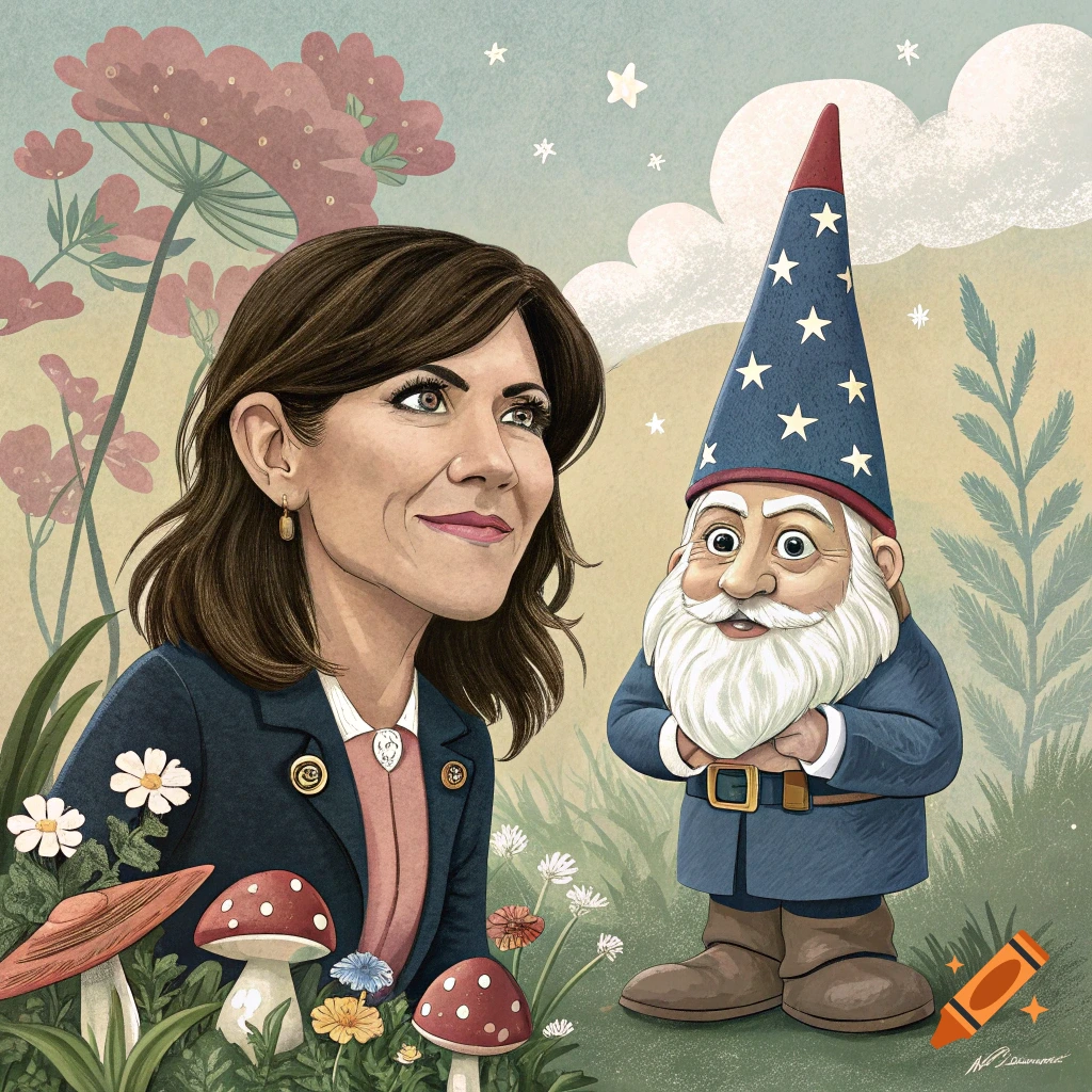 Whimsical illustration of a woman and a garden gnome with a starry hat in a lush garden with oversized flowers and mushrooms.