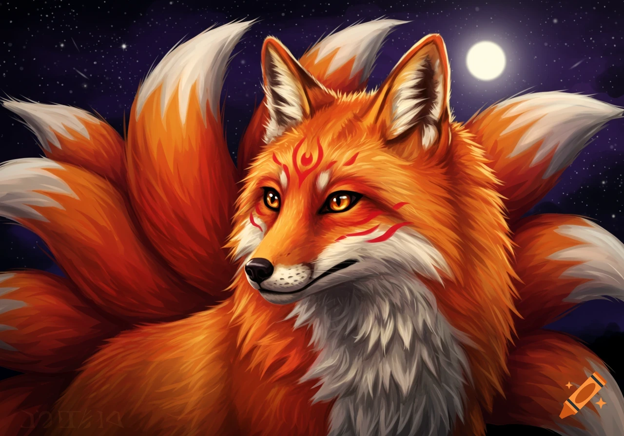 A vibrant orange kitsune fox with multiple tails and red markings on its face, looking into a starry night sky with a full moon.