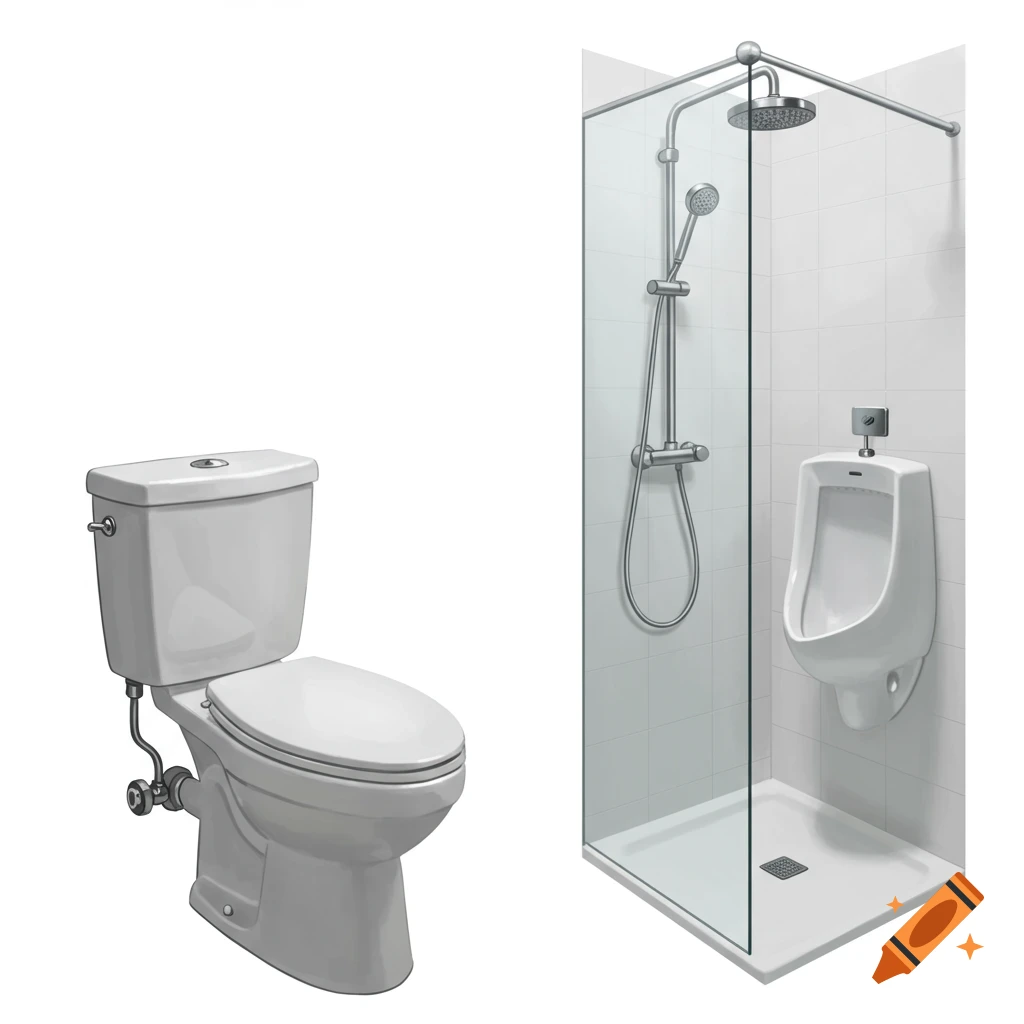 A white toilet and a shower stall with a urinal inside, depicted in a clean, illustrative style on a white background.