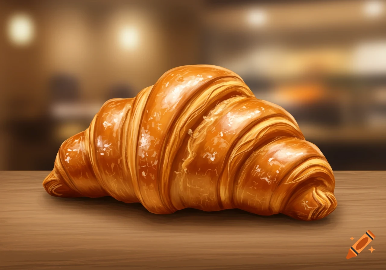 A golden-brown croissant lies on a wooden table in a blurred bakery setting.