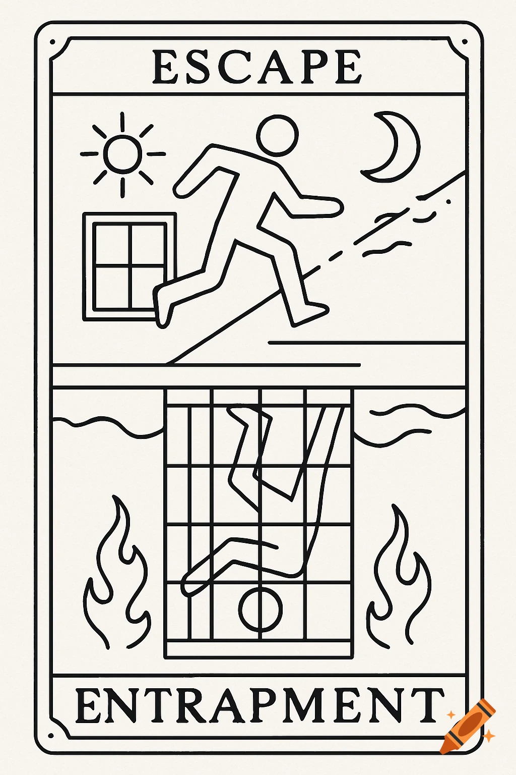 Black and white minimalist line art tarot card illustrating 'Escape' on top with a running figure and 'Entrapment' on bottom with a figure behind bars.