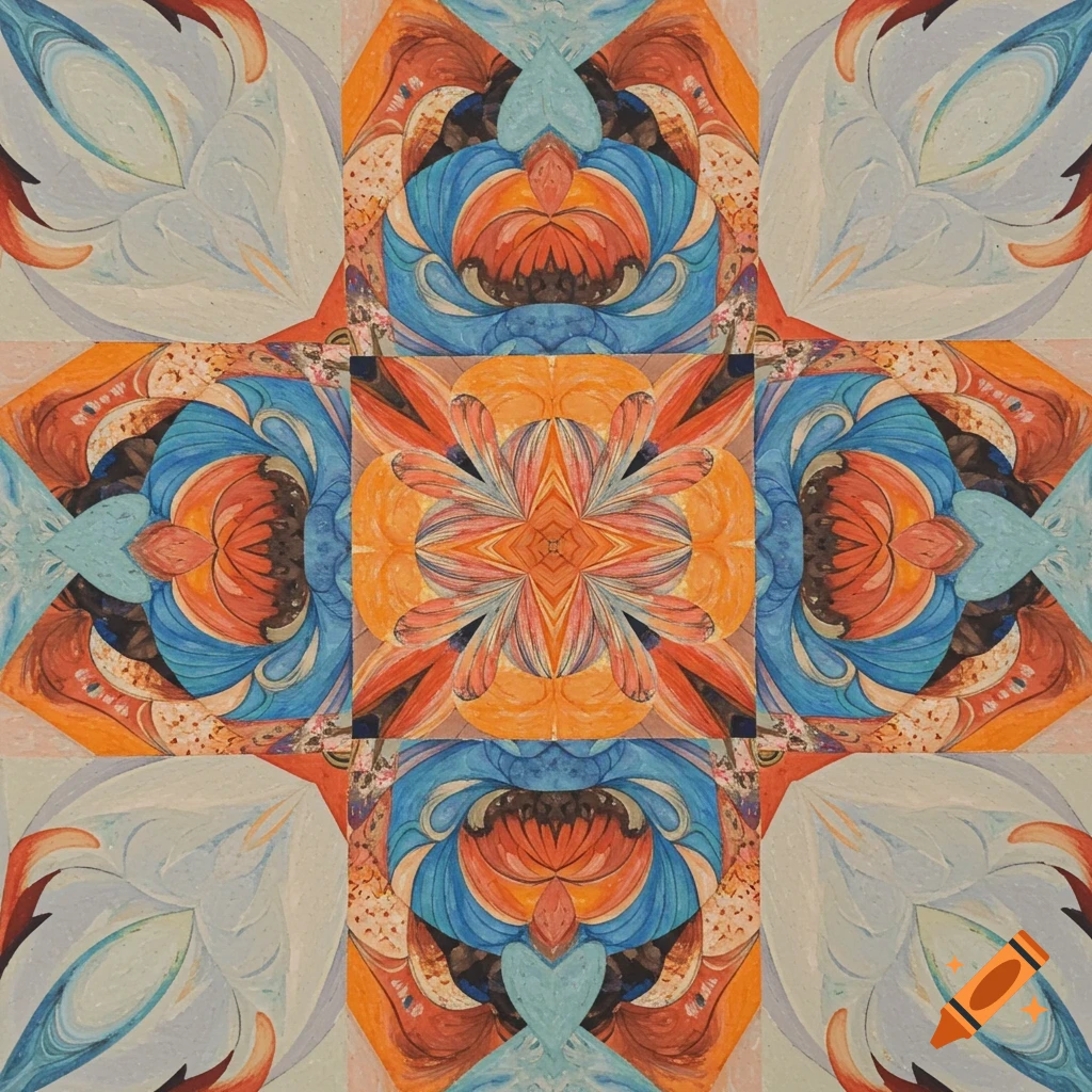 An intricate abstract symmetrical quilt block pattern with vibrant blue, orange, and white shapes.