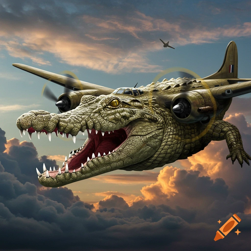 A giant crocodile with bomber plane wings and engines flies through a dramatic, cloudy sky with a distant plane.