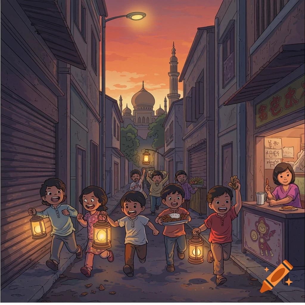 Illustrated scene of children running down an old street with lanterns at dusk, with a mosque visible in the background and a street vendor on the right.