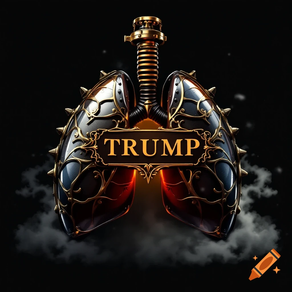 A stylized, ornate steampunk-style lung in black and gold with spikes and a glowing interior, featuring a nameplate that reads 'TRUMP'.
