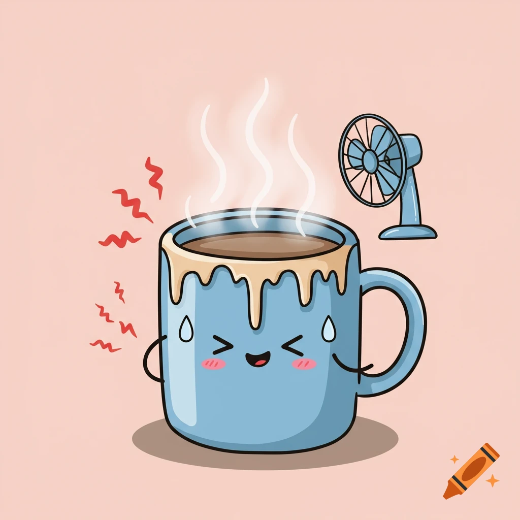 A cute, cartoon blue coffee mug with a sweating, hot Kawaii face and steam rising, with a fan in the background.