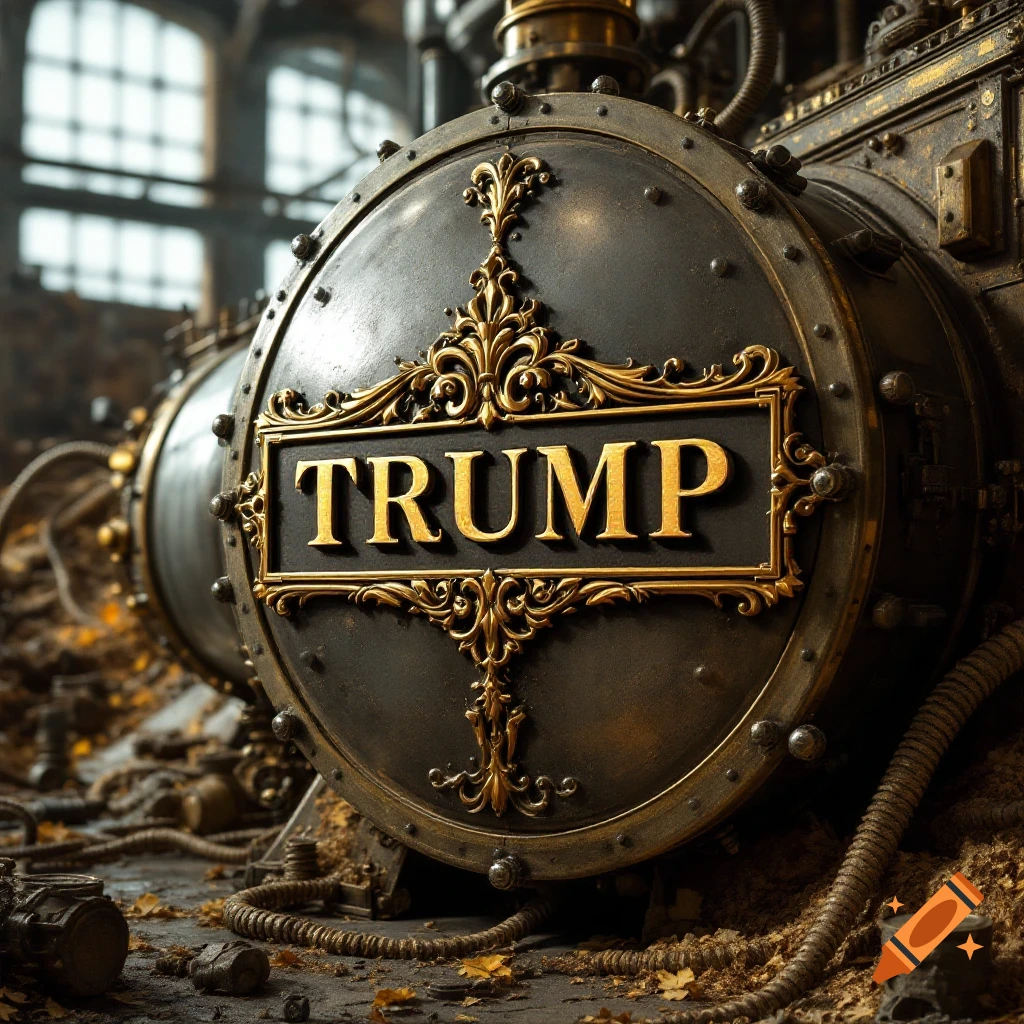 Photorealistic steampunk machinery with gold trim, featuring a prominent nameplate with 'TRUMP' in ornate gold letters.