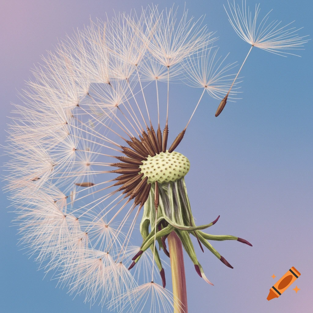 A detailed close-up of a dandelion seed head with many feathery seeds against a soft blue and purple background, one seed floating away.