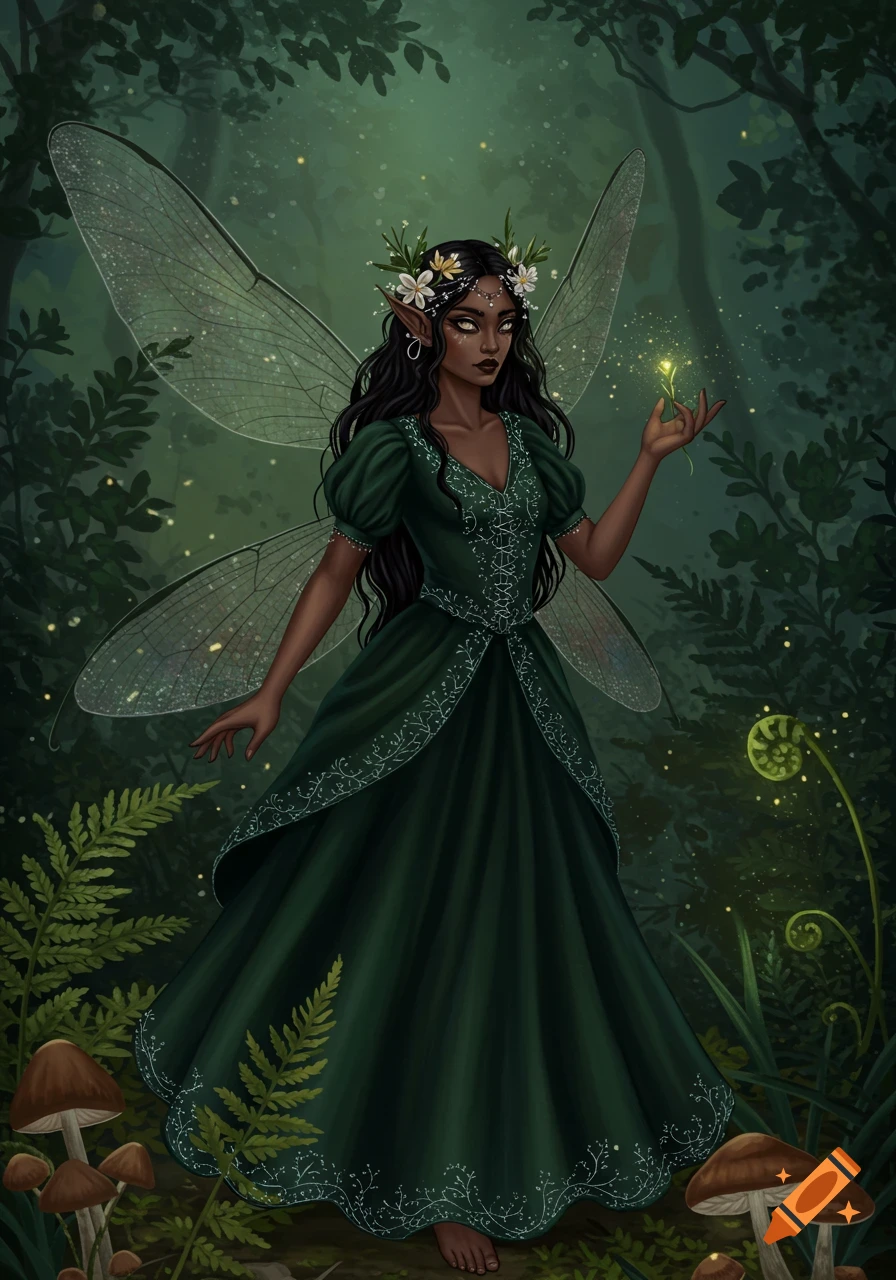 A dark-skinned fairy with long black hair, a green dress, and large  translucent wings stands in a dark forest, holding a glowing plant. on  Craiyon