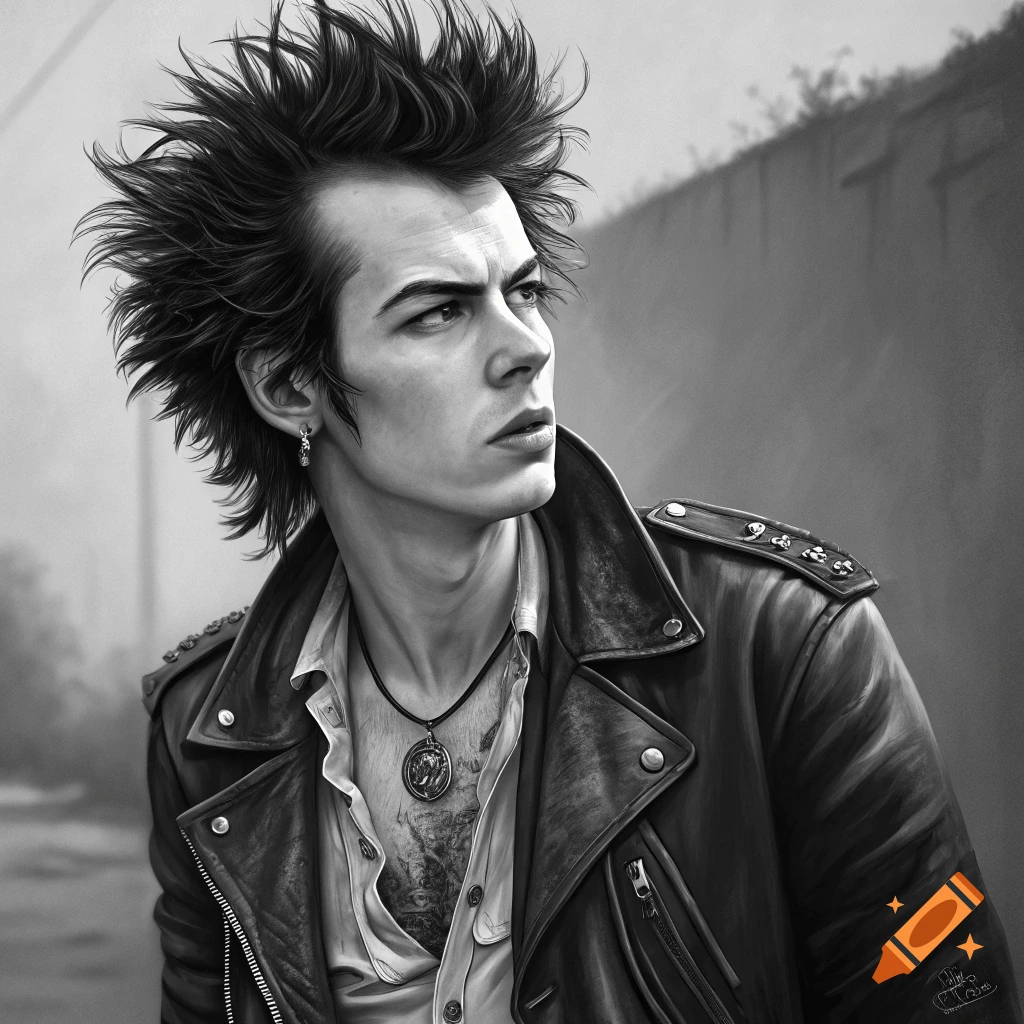 Black and white portrait of a man with spiky hair and a leather jacket, in a punk rock style.