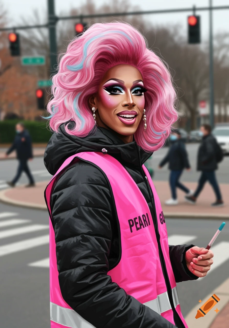 A drag queen with vibrant pink and blue hair, bold makeup, a black puffer jacket, and a neon pink safety vest stands on a city street, smiling.