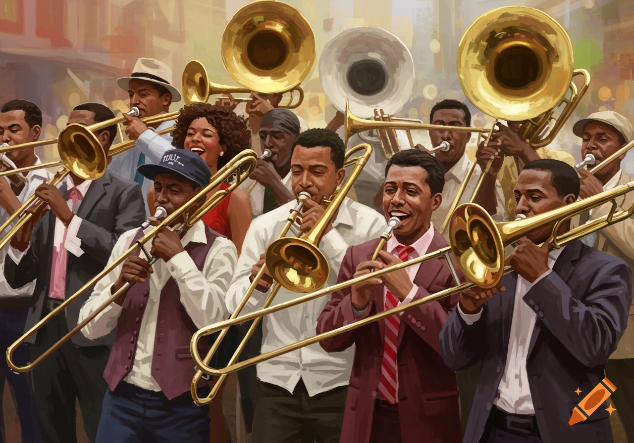 A vibrant painting of a brass band, with several smiling musicians playing trombones and other instruments.