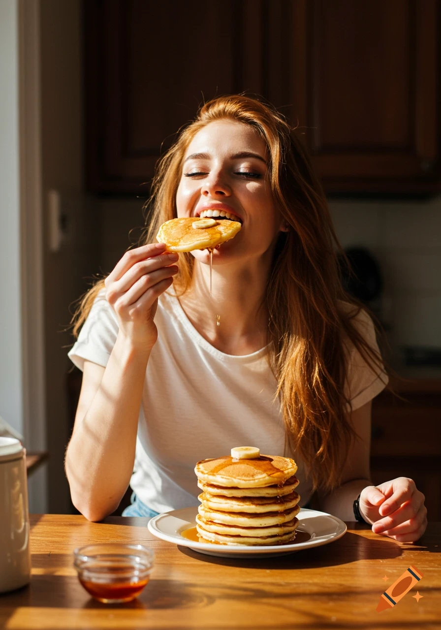 A woman joyfully eats a pancake dripping with syrup, sitting at a table with a stack of pancakes.