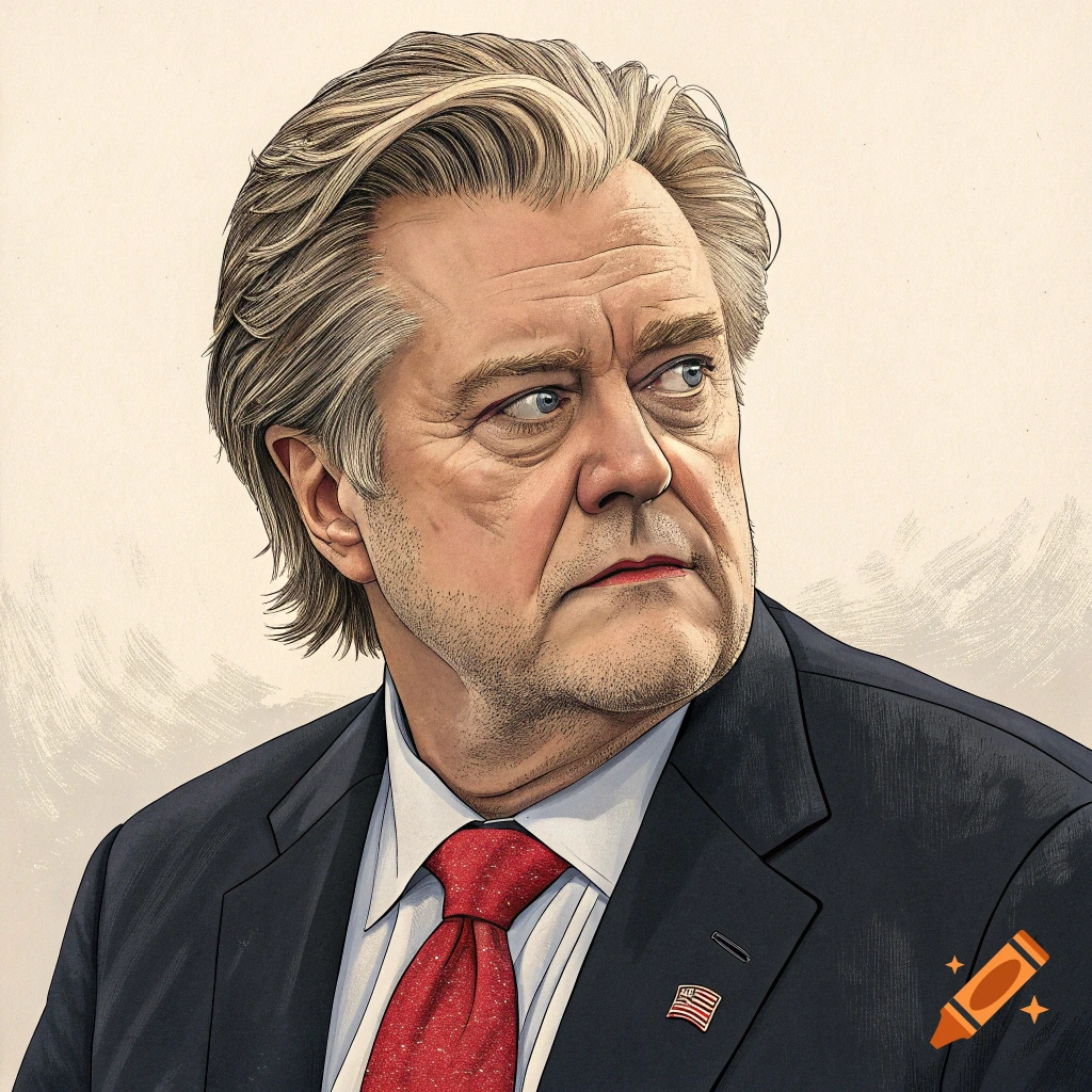 A stylized portrait of a man with graying blonde hair, blue eyes, and a beard, wearing a dark suit and red tie, looking to the right.