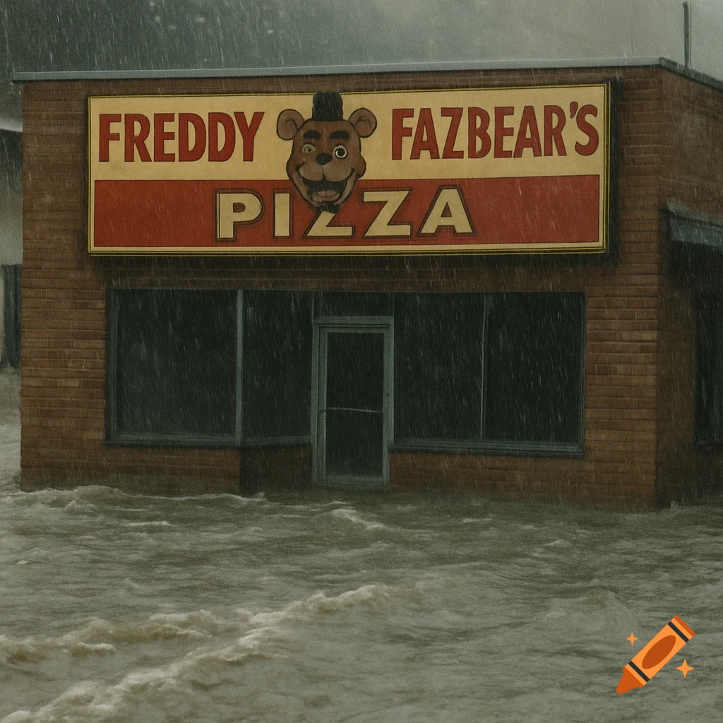 A flooded Freddy Fazbear's Pizza building with a large sign in heavy rain, in a photorealistic style.