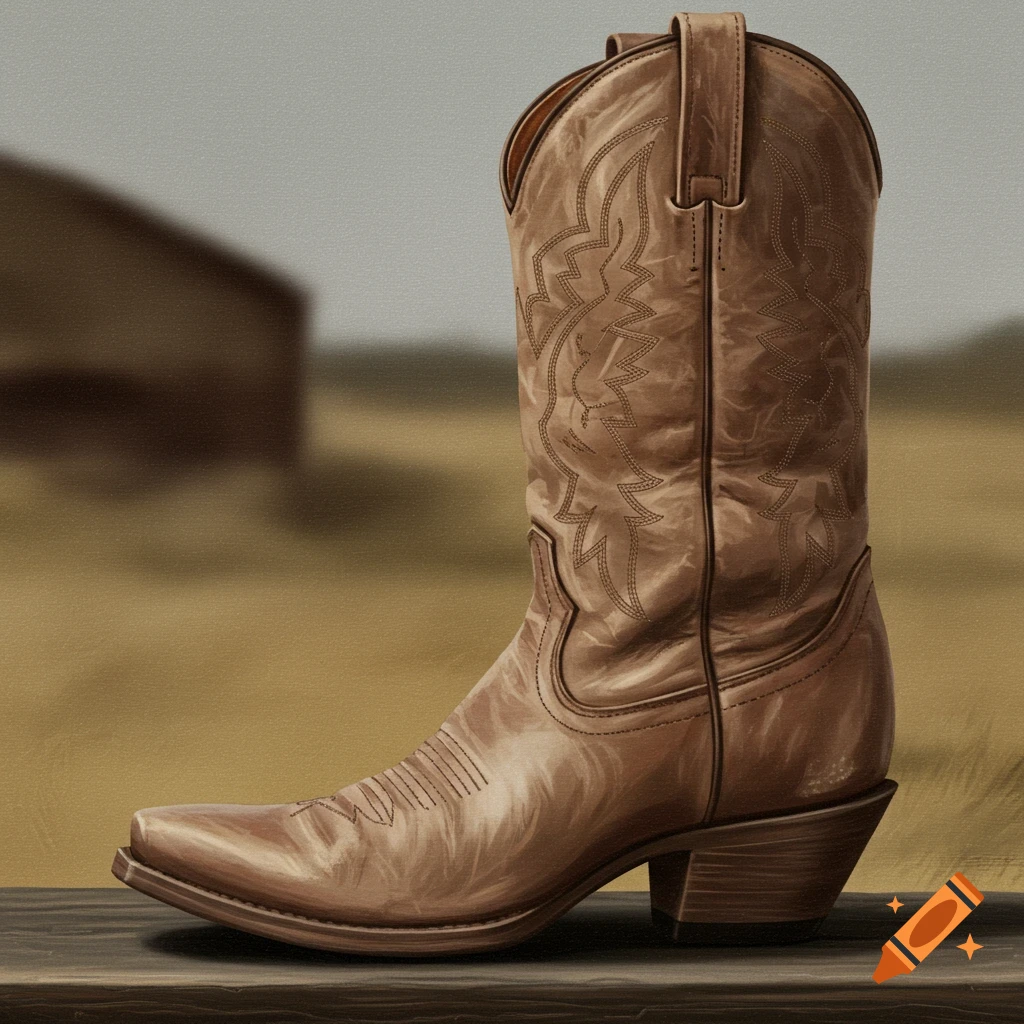 A brown cowboy boot with decorative stitching stands on a wooden surface in a blurred outdoor setting.