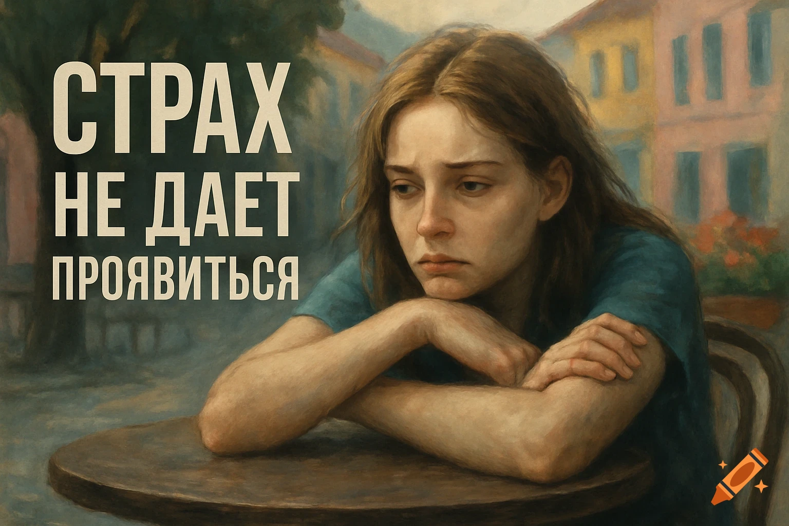 A melancholic young woman sits at an outdoor cafe table, resting her chin on crossed arms, with colorful buildings in the background. Large Russian text reads "Fear does not allow to manifest."