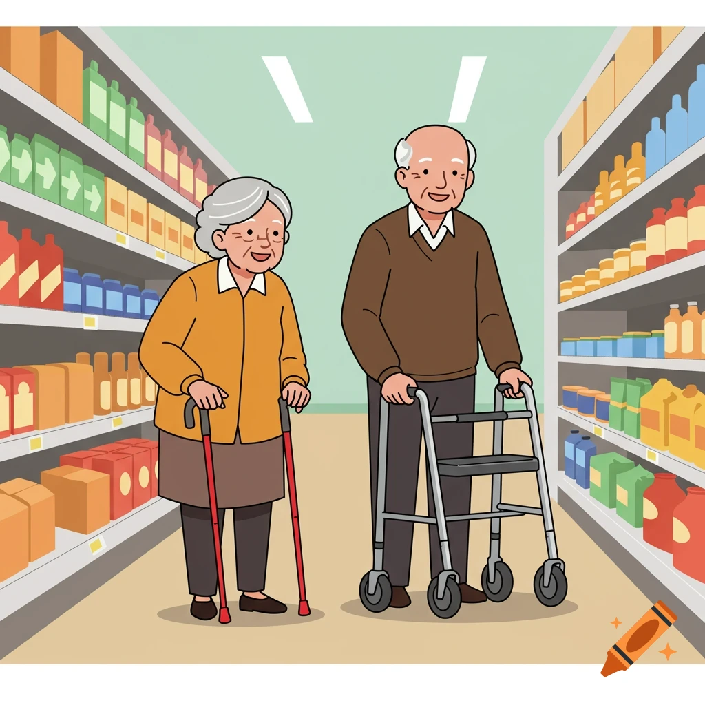 An elderly woman with two canes and an elderly man with a walker shop in a supermarket aisle, in a cartoon style.