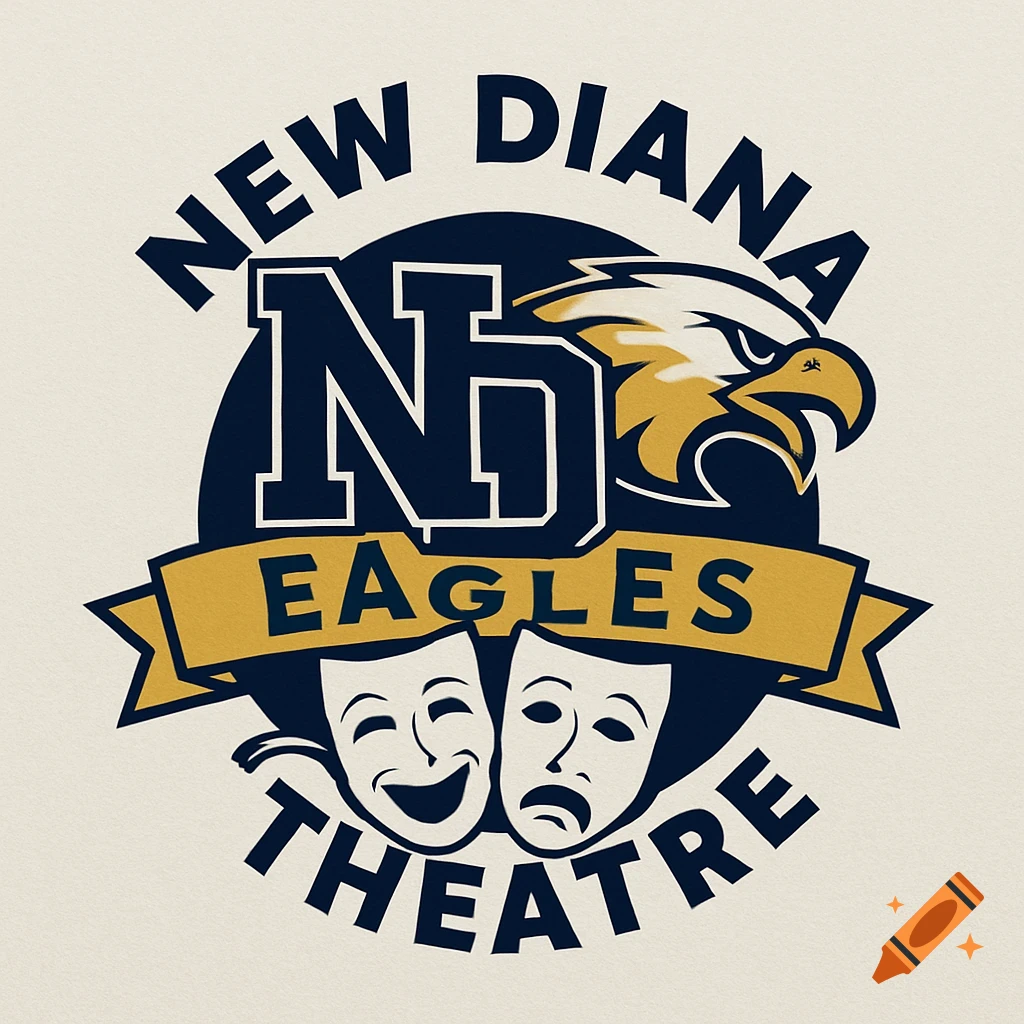 Logo for New Diana Eagles Theatre featuring an eagle head, ND initials, and happy and sad theatre masks.