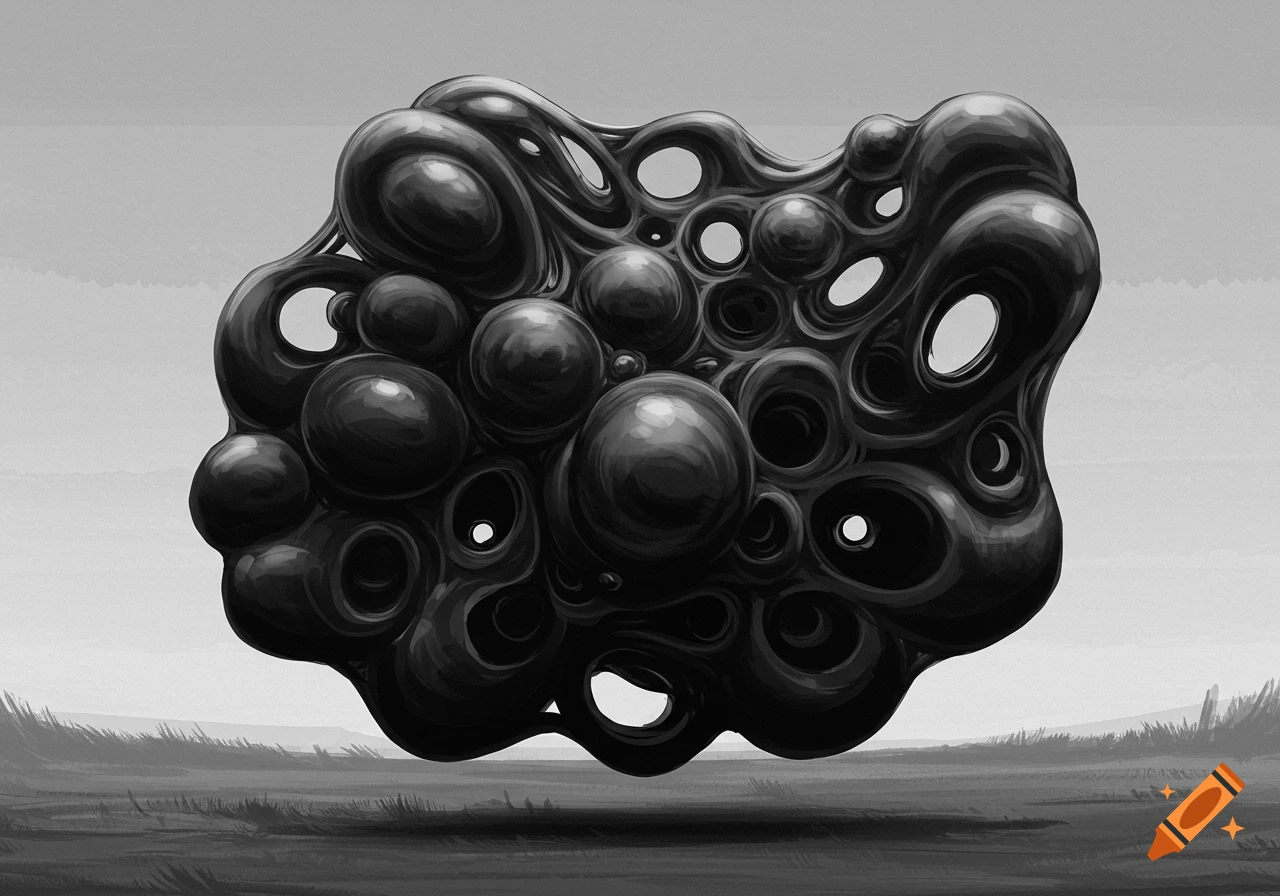 A grayscale image of a large, black, organic, blob-like form with many holes and spheres, floating above a desolate, grassy field under a pale sky.