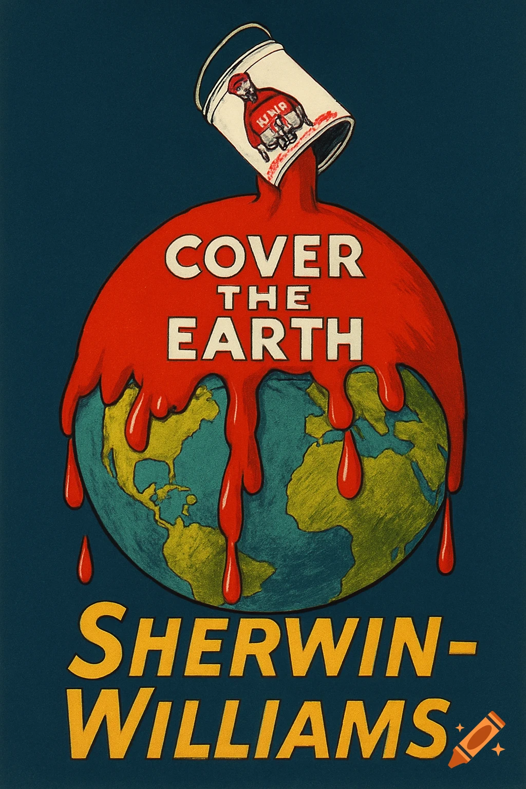 A vintage Sherwin-Williams ad showing a paint can pouring red paint over the Earth, with text 'Cover the Earth' and 'Sherwin-Williams'.