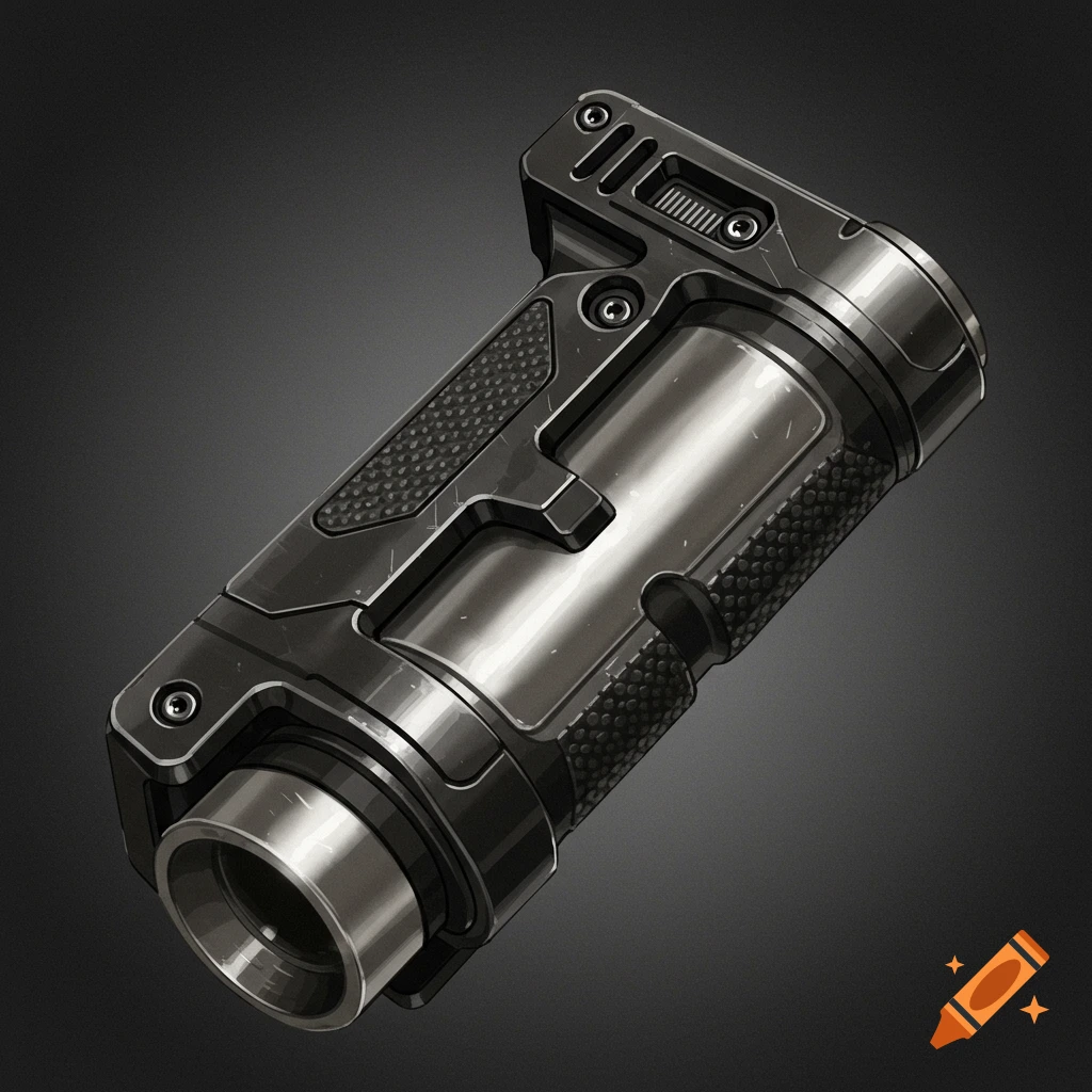 A dark, metallic, futuristic grip or device with a cylindrical body and detailed mechanical components, on a grey background.