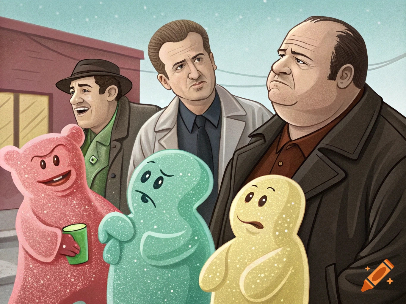 Cartoon illustration of three men resembling The Sopranos cast standing with three colorful Sour Patch Kids candy characters outdoors.
