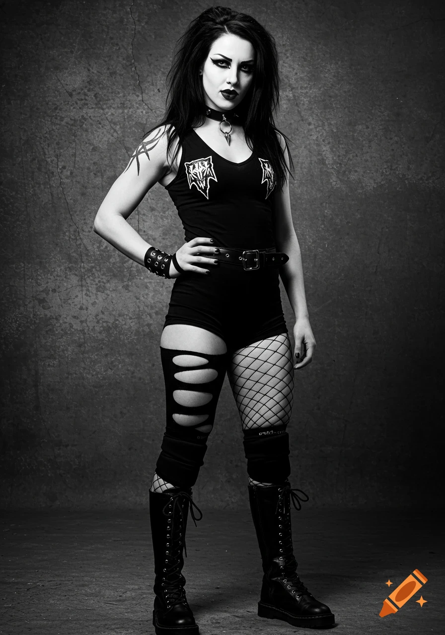 A black and white portrait of a goth woman with dark makeup, long hair, a choker, and a tank top with logos. She wears ripped leggings, fishnets, and combat boots, standing with one hand on her hip.