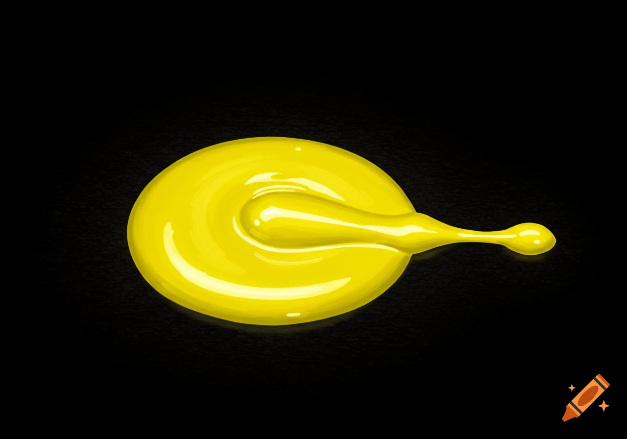 A bright yellow, glossy paint blob with a tapering tail, on a dark textured background.