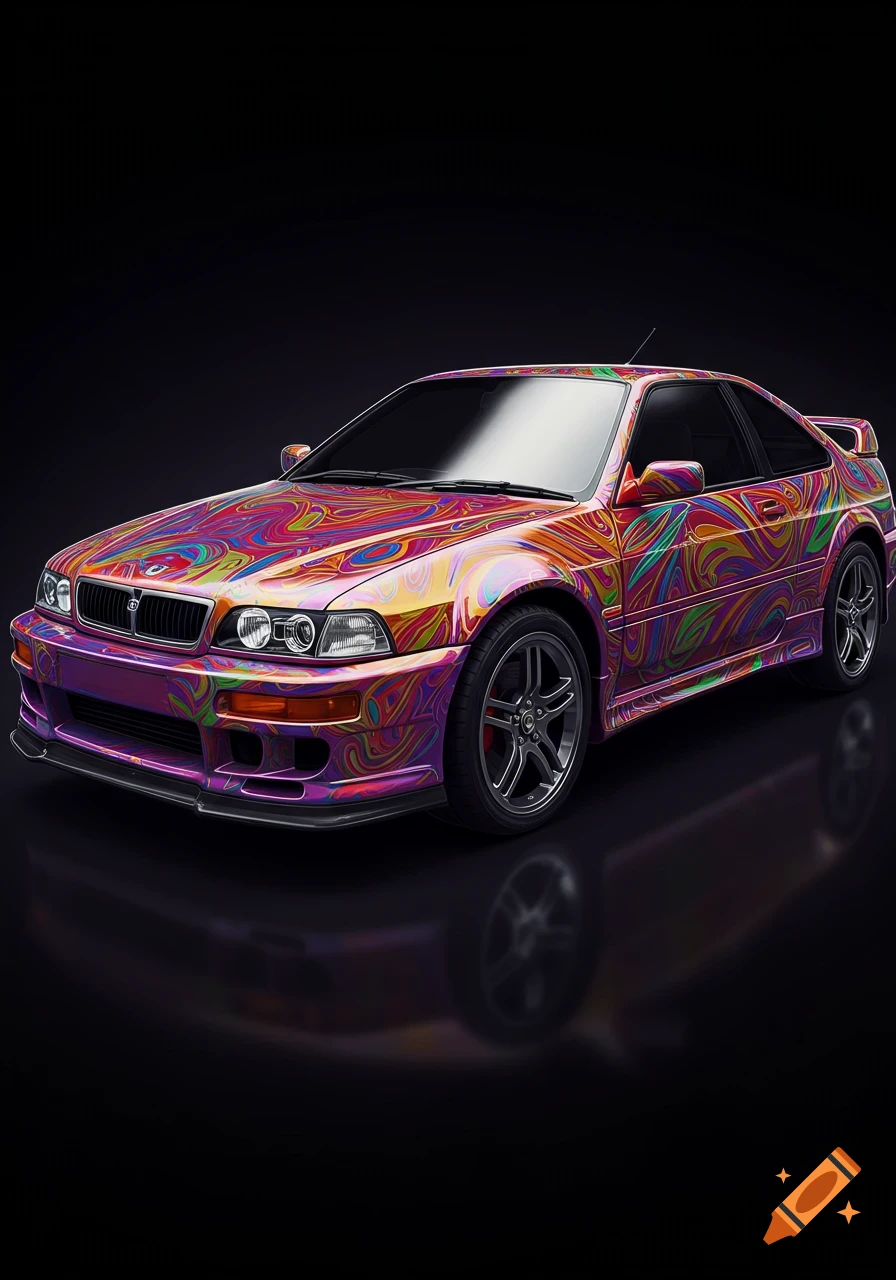 A customized car with a vibrant, swirling psychedelic paint job, parked on a black background.