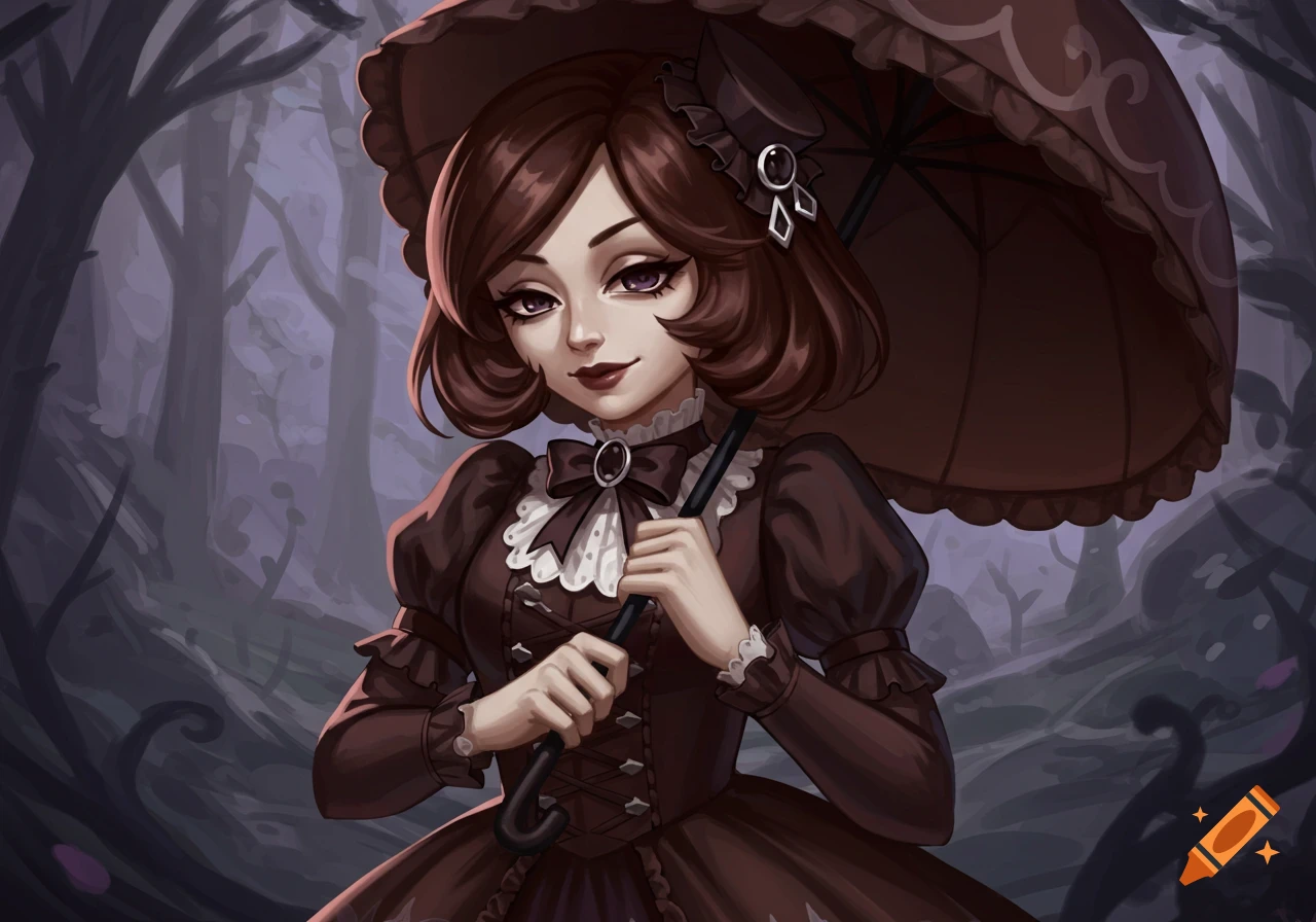 An illustration of a young woman with dark hair and pale skin, dressed in a dark brown gothic dress and holding a matching umbrella, standing in a dark forest.