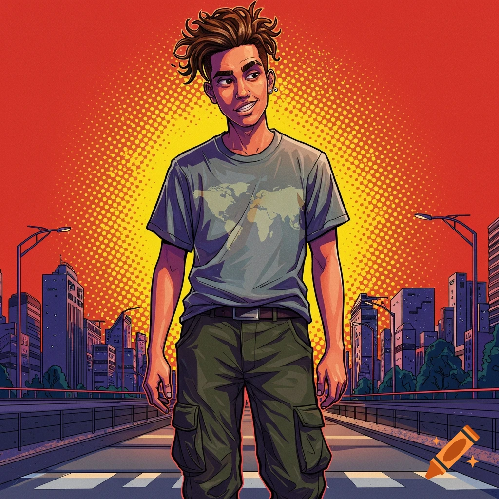 A young man with curly hair wearing a world map t-shirt and cargo pants stands on a city street. Pop art background.