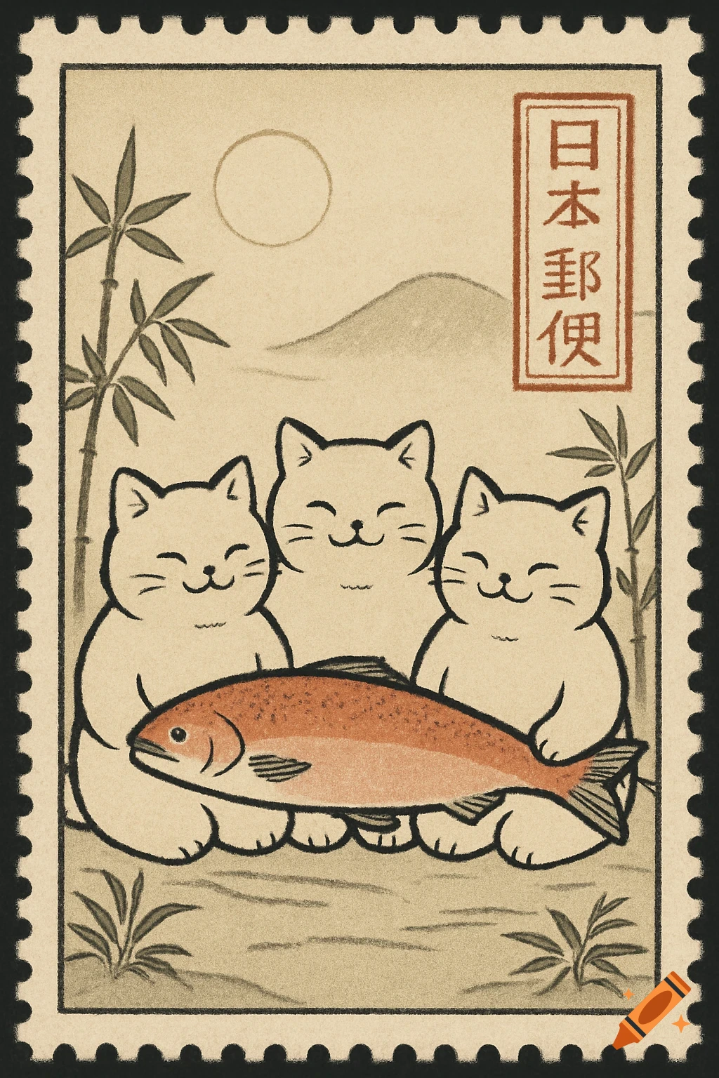 Japanese stamp design with three smiling cats holding a large salmon, with bamboo and mountains in the background.
