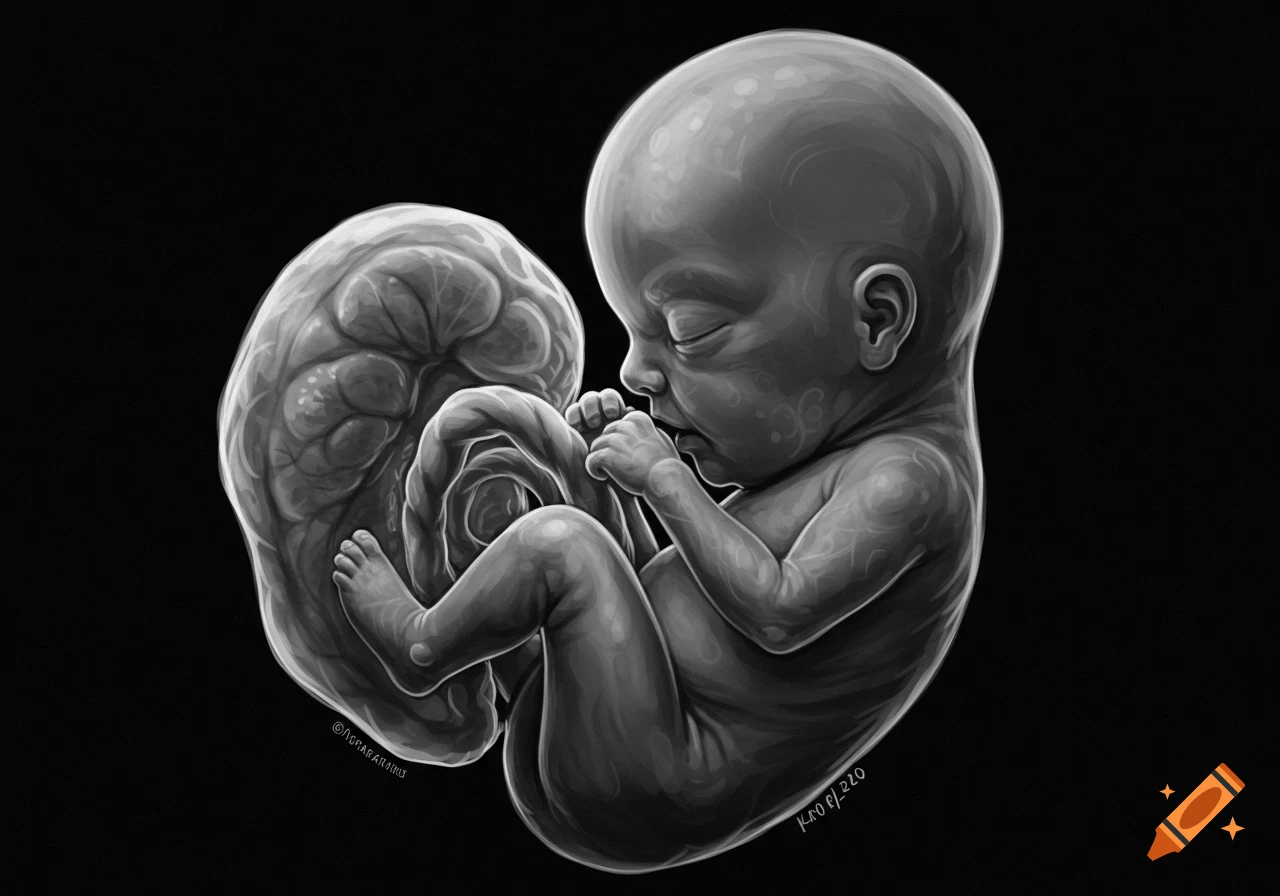 Grayscale digital illustration of a human fetus curled in the womb against a black background.